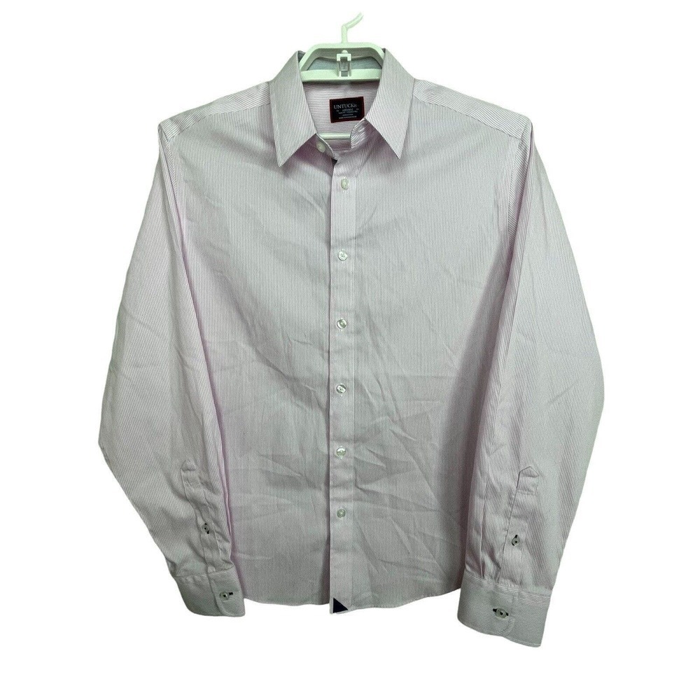 UnTuckit Slim Fit Men's Size M Pink‎ White Striped Long Sleeve Button Up Shirt